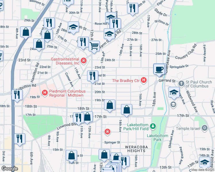 map of restaurants, bars, coffee shops, grocery stores, and more near 1318 21st Street in Columbus