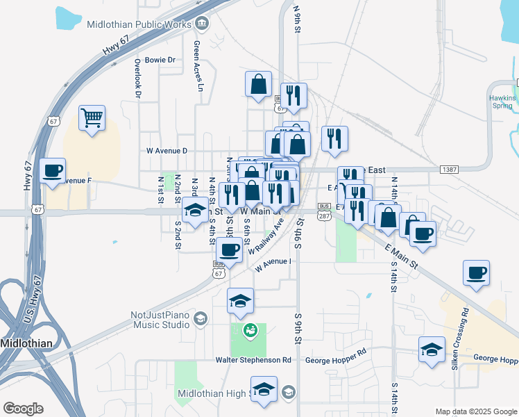map of restaurants, bars, coffee shops, grocery stores, and more near 301 U.S. 287 Business in Midlothian