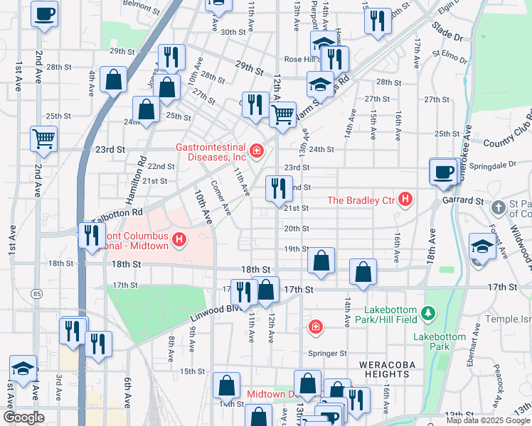 map of restaurants, bars, coffee shops, grocery stores, and more near 1116 21st Street in Columbus