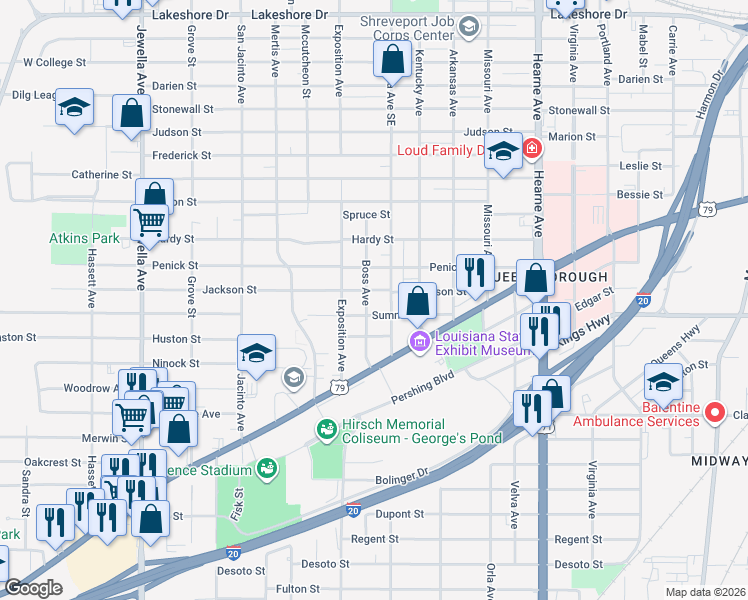 map of restaurants, bars, coffee shops, grocery stores, and more near 3101 Boss Avenue in Shreveport