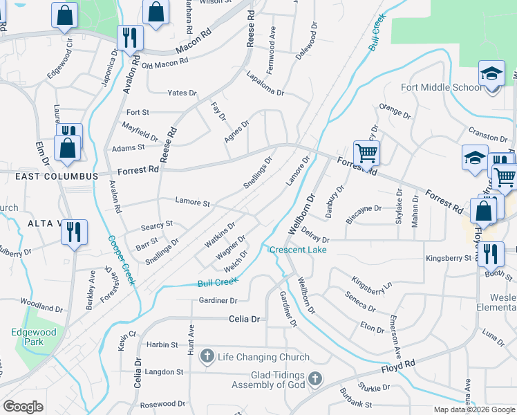 map of restaurants, bars, coffee shops, grocery stores, and more near 2119 Lamore Drive in Columbus