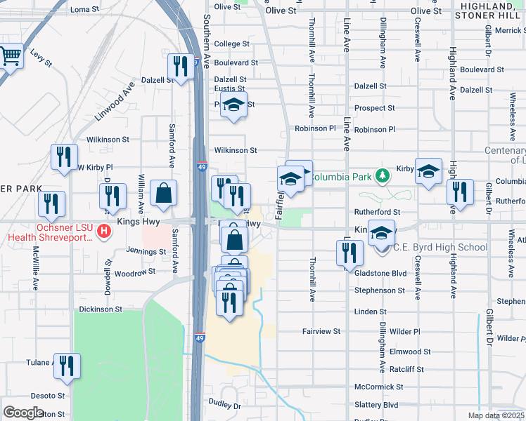 map of restaurants, bars, coffee shops, grocery stores, and more near 1027 Rutherford Street in Shreveport
