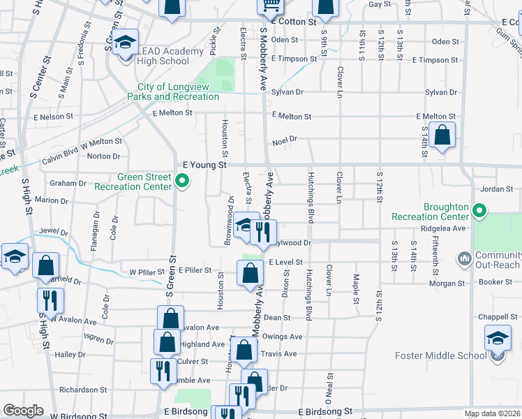 map of restaurants, bars, coffee shops, grocery stores, and more near 805 South Mobberly Avenue in Longview