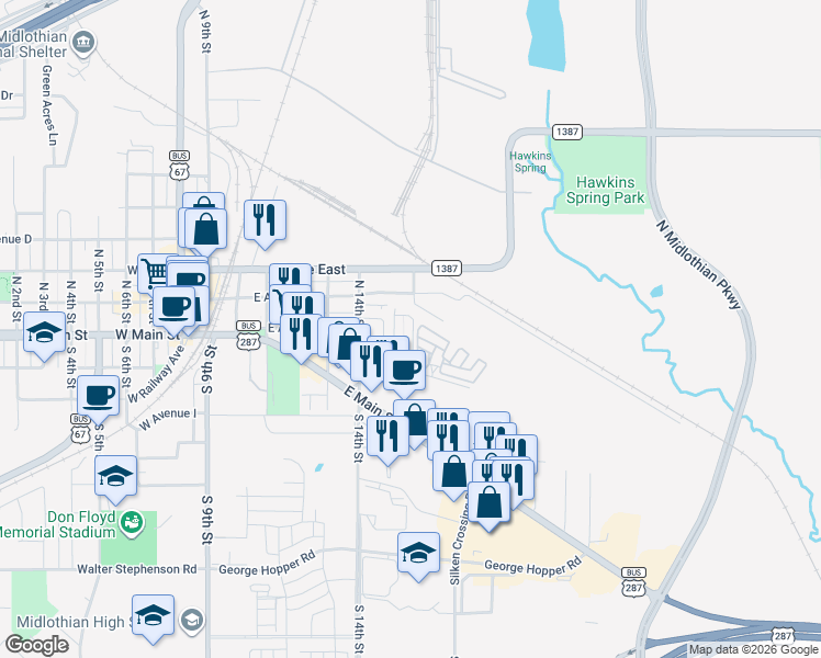 map of restaurants, bars, coffee shops, grocery stores, and more near 138 East Maple Ridge Court in Midlothian
