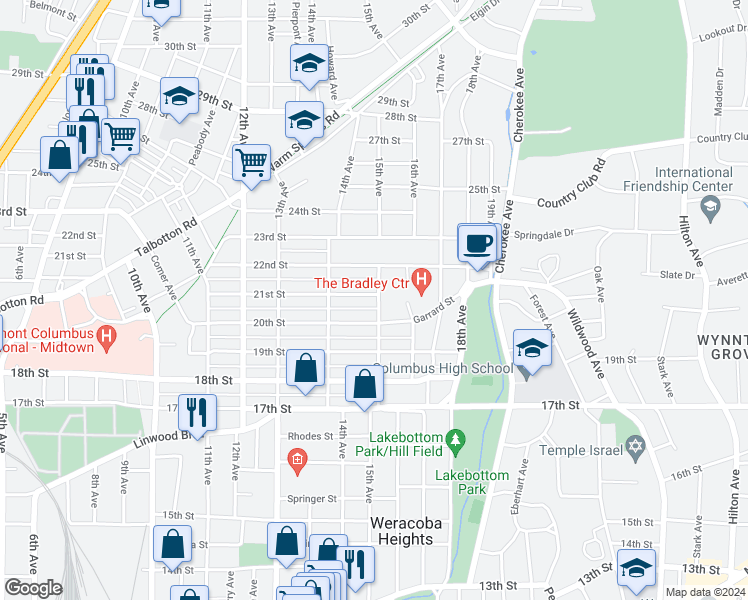map of restaurants, bars, coffee shops, grocery stores, and more near 1438 21st Street in Columbus