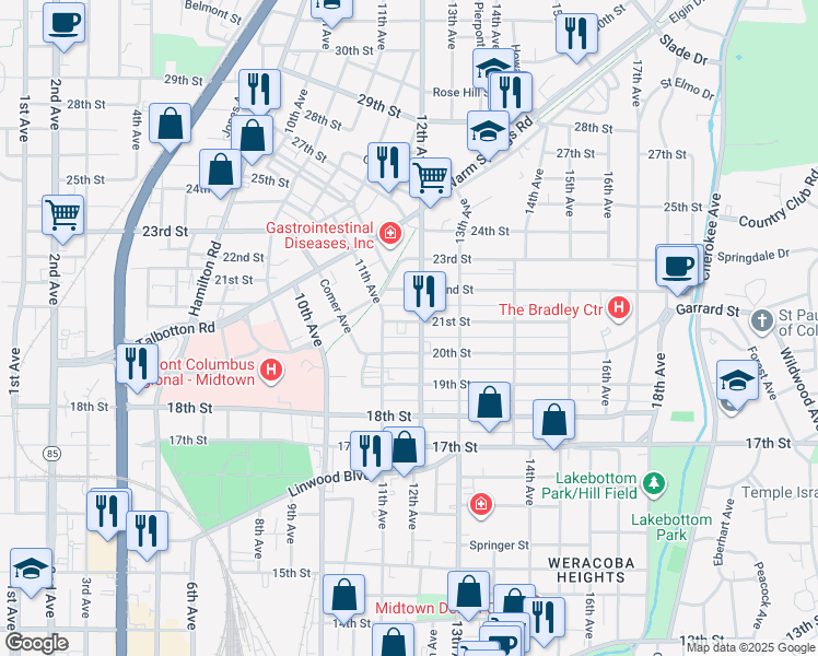 map of restaurants, bars, coffee shops, grocery stores, and more near 1116 21st Street in Columbus
