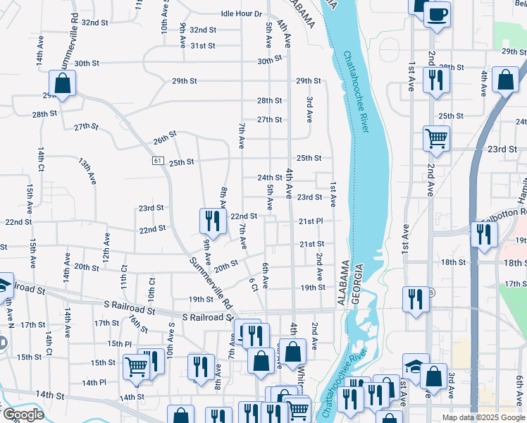 map of restaurants, bars, coffee shops, grocery stores, and more near 600 22nd St in Phenix City