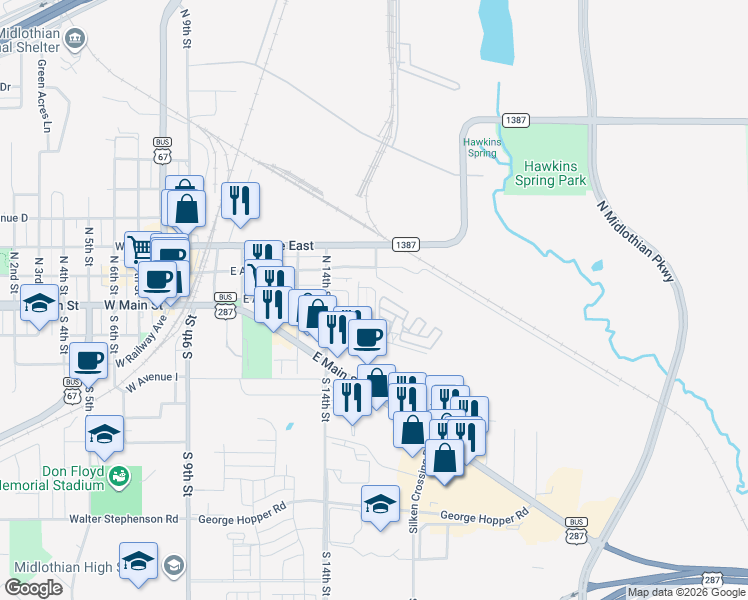map of restaurants, bars, coffee shops, grocery stores, and more near 142 East Maple Ridge Court in Midlothian