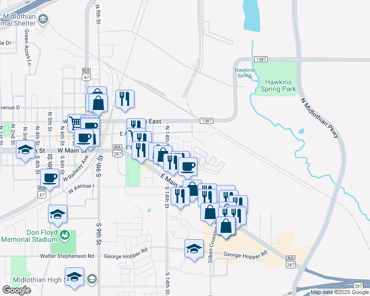 map of restaurants, bars, coffee shops, grocery stores, and more near 142 East Maple Ridge Court in Midlothian