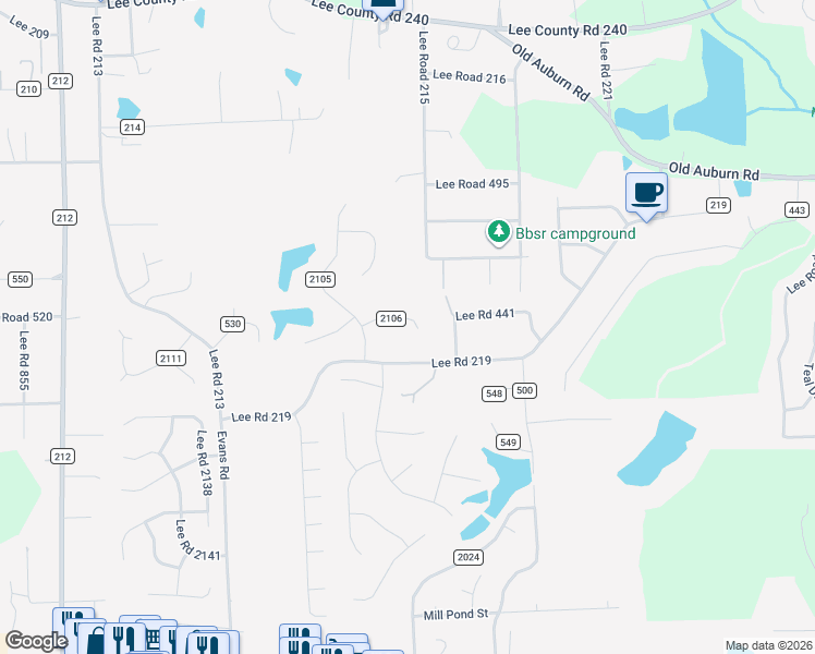 map of restaurants, bars, coffee shops, grocery stores, and more near 115 County Road 2106 in Phenix City