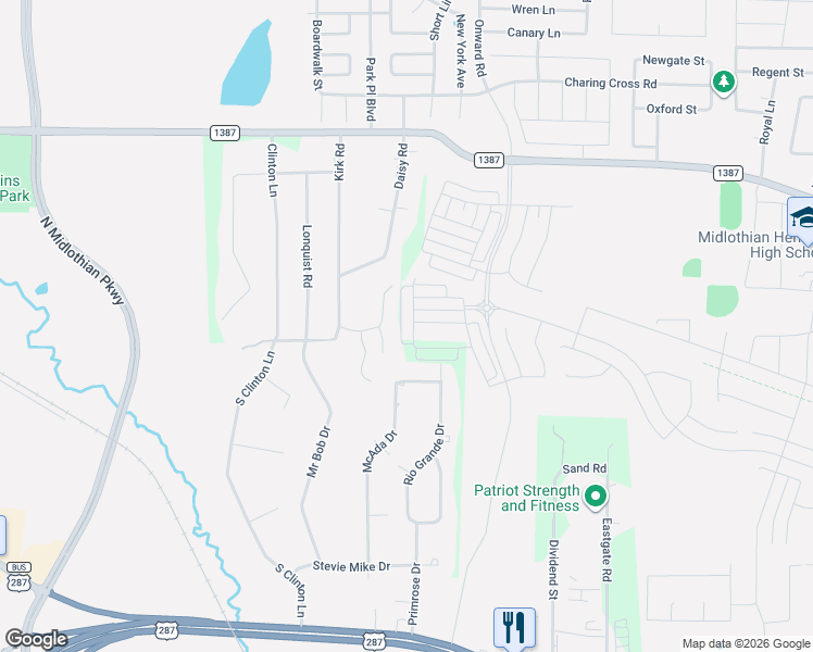 map of restaurants, bars, coffee shops, grocery stores, and more near 2440 Frances Lane in Midlothian