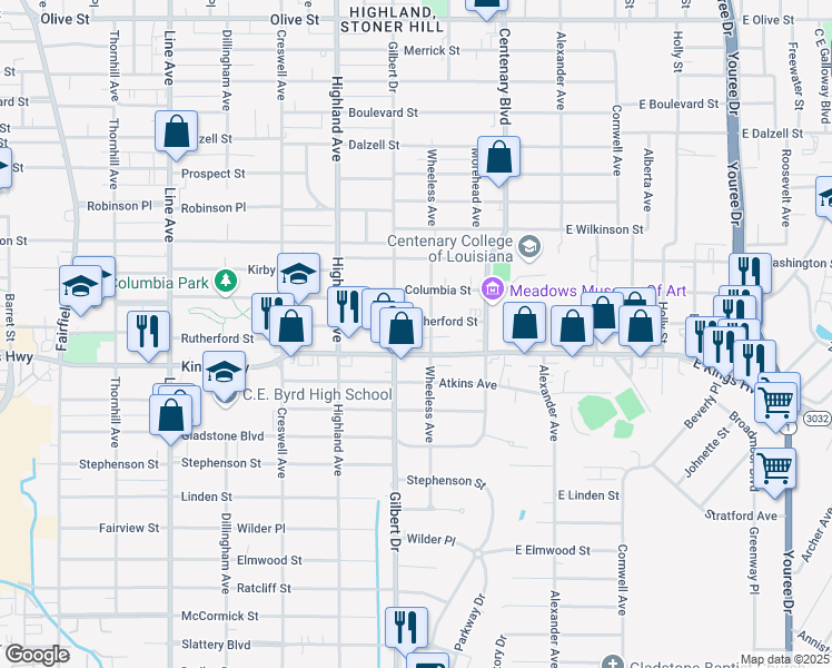 map of restaurants, bars, coffee shops, grocery stores, and more near 319 Rutherford Street in Shreveport