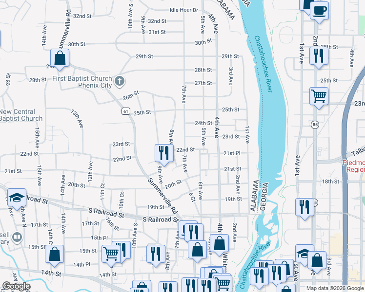 map of restaurants, bars, coffee shops, grocery stores, and more near 2201 7th Avenue in Phenix City