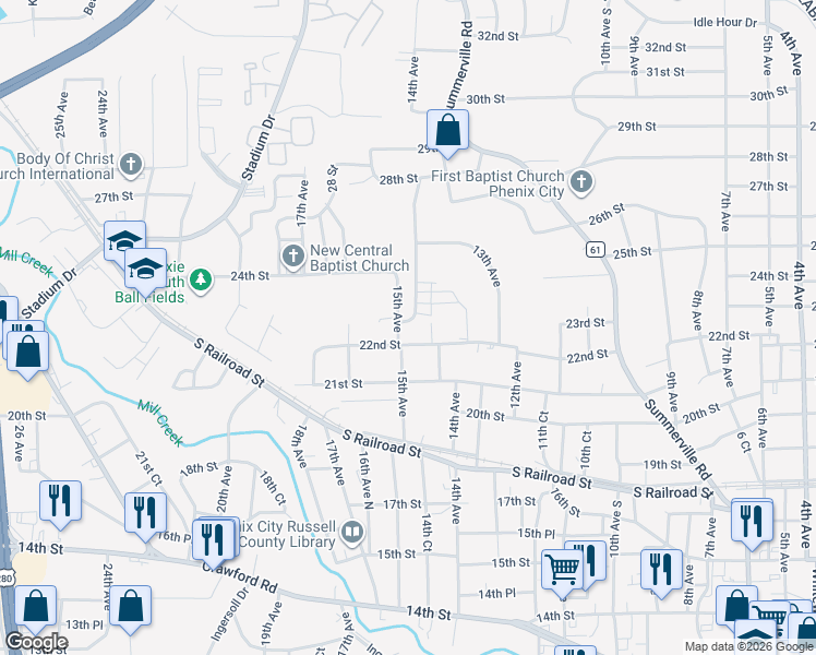 map of restaurants, bars, coffee shops, grocery stores, and more near 2300 14th Court in Phenix City