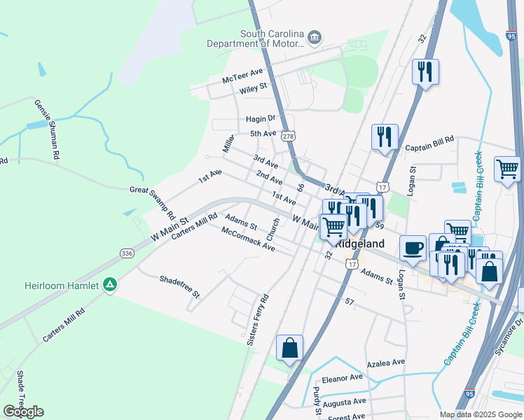 map of restaurants, bars, coffee shops, grocery stores, and more near 7440 West Main Street in Ridgeland