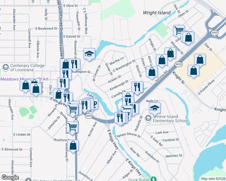 map of restaurants, bars, coffee shops, grocery stores, and more near 719 Kimbrough Street in Shreveport