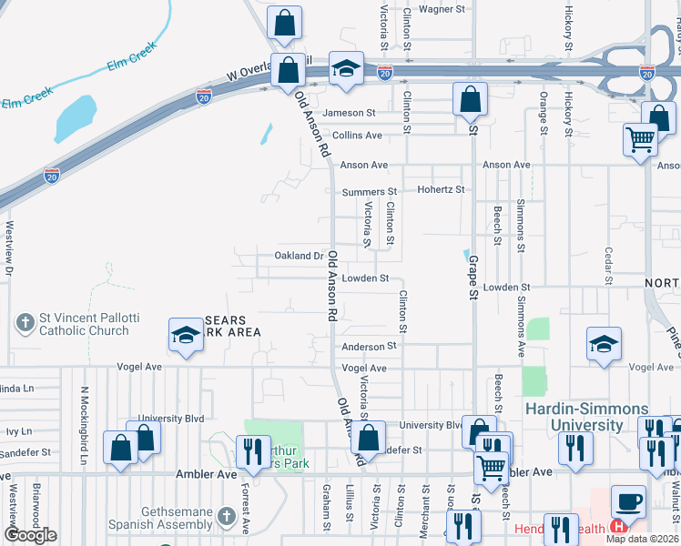 map of restaurants, bars, coffee shops, grocery stores, and more near 2701 Old Anson Road in Abilene