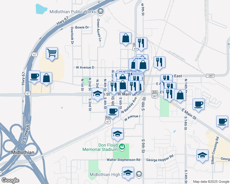 map of restaurants, bars, coffee shops, grocery stores, and more near 417 West Main Street in Midlothian