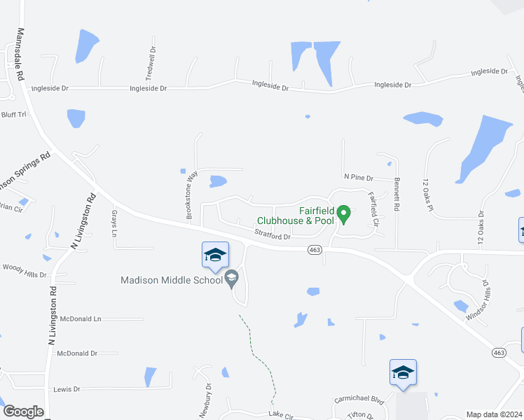 map of restaurants, bars, coffee shops, grocery stores, and more near 445 Fairfield Drive in Madison