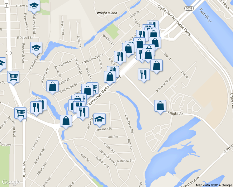 map of restaurants, bars, coffee shops, grocery stores, and more near 901-1009 Quail Creek Road in Shreveport