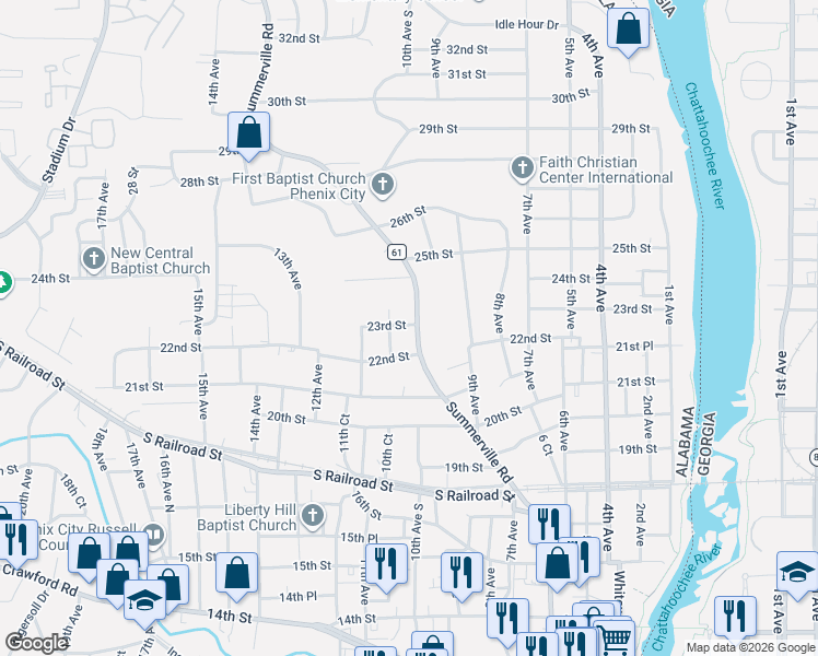 map of restaurants, bars, coffee shops, grocery stores, and more near 2209 Summerville Road in Phenix City