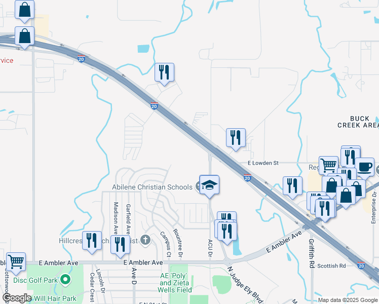 map of restaurants, bars, coffee shops, grocery stores, and more near 2702 North Judge Ely Boulevard in Abilene