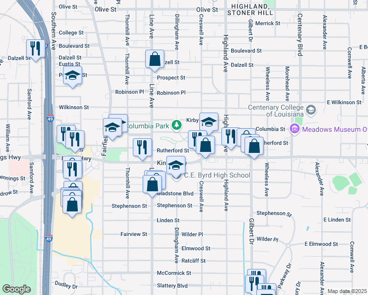 map of restaurants, bars, coffee shops, grocery stores, and more near 646 Rutherford Street in Shreveport