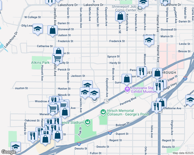 map of restaurants, bars, coffee shops, grocery stores, and more near 3249 Jackson Street in Shreveport