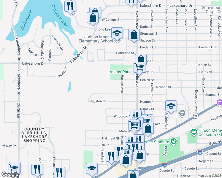 map of restaurants, bars, coffee shops, grocery stores, and more near 3835 Jackson Street in Shreveport
