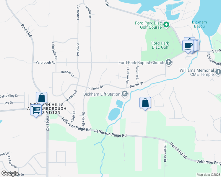map of restaurants, bars, coffee shops, grocery stores, and more near 5947 Dianne Street in Shreveport