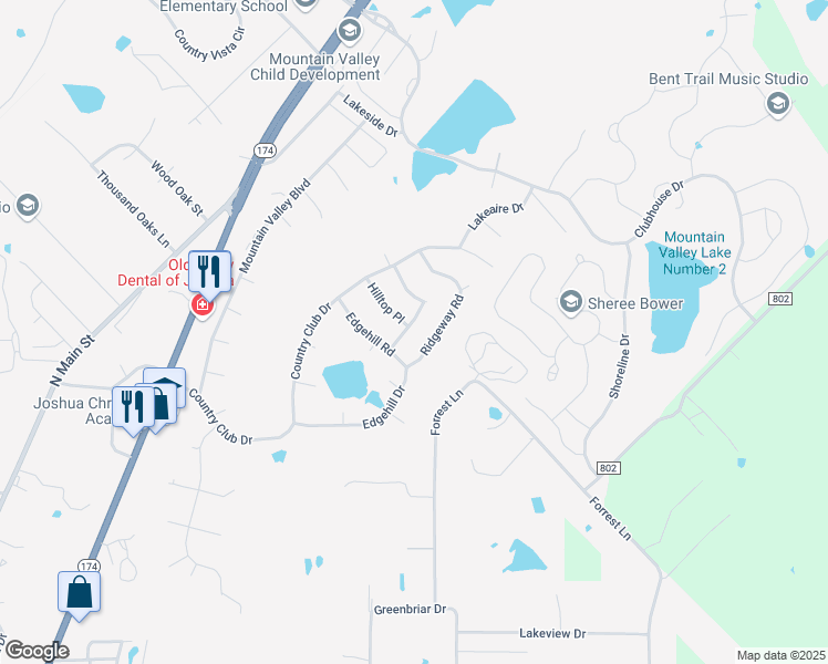 map of restaurants, bars, coffee shops, grocery stores, and more near 619 Rosewood Place in Joshua