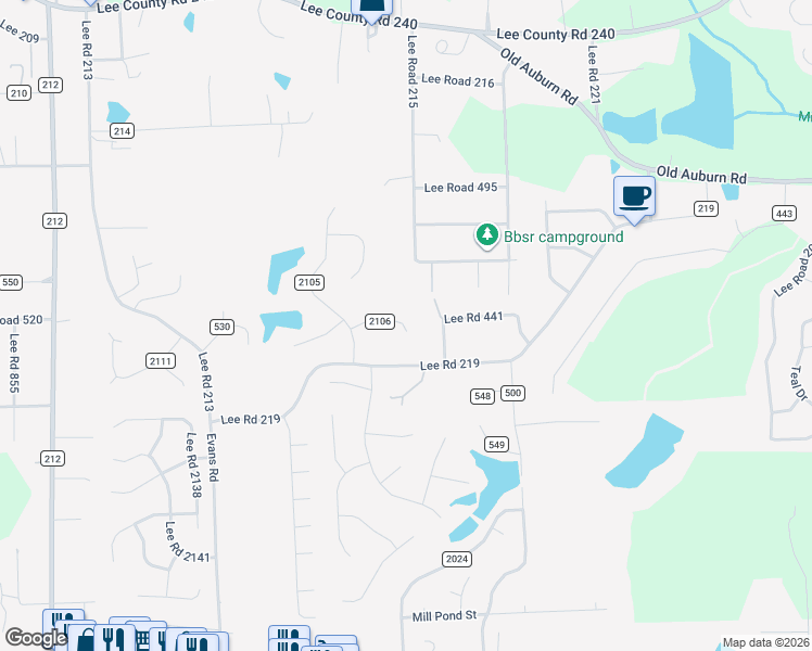 map of restaurants, bars, coffee shops, grocery stores, and more near 115 County Road 2106 in Phenix City