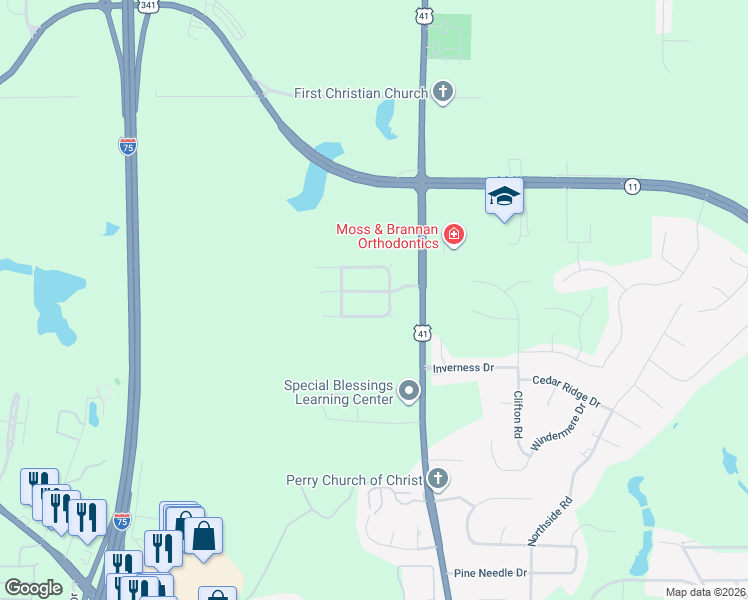 map of restaurants, bars, coffee shops, grocery stores, and more near 201 Longbridge Way in Perry