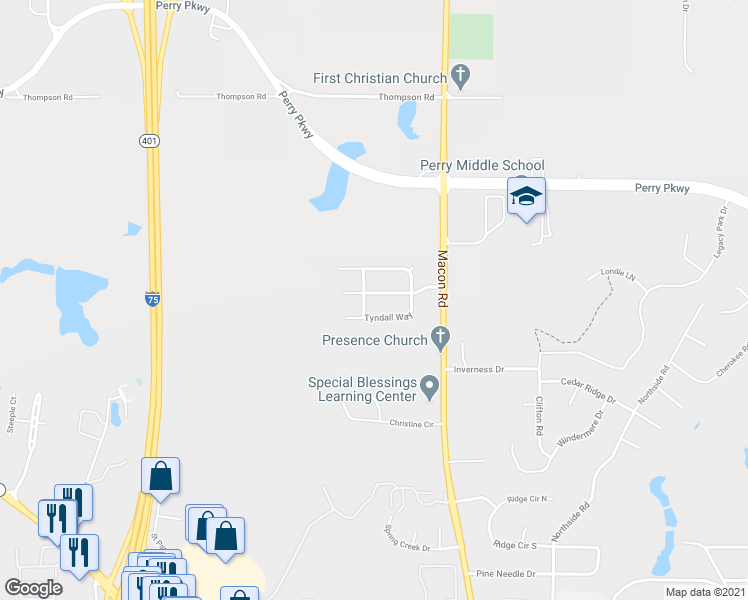 map of restaurants, bars, coffee shops, grocery stores, and more near 213 Longbridge Way in Perry