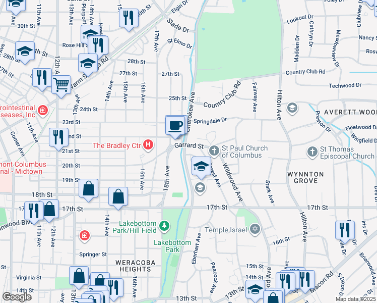 map of restaurants, bars, coffee shops, grocery stores, and more near 2104 Cherokee Avenue in Columbus