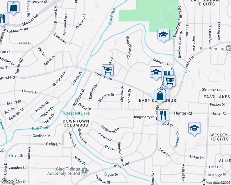 map of restaurants, bars, coffee shops, grocery stores, and more near 5117 Biscayne Drive in Columbus