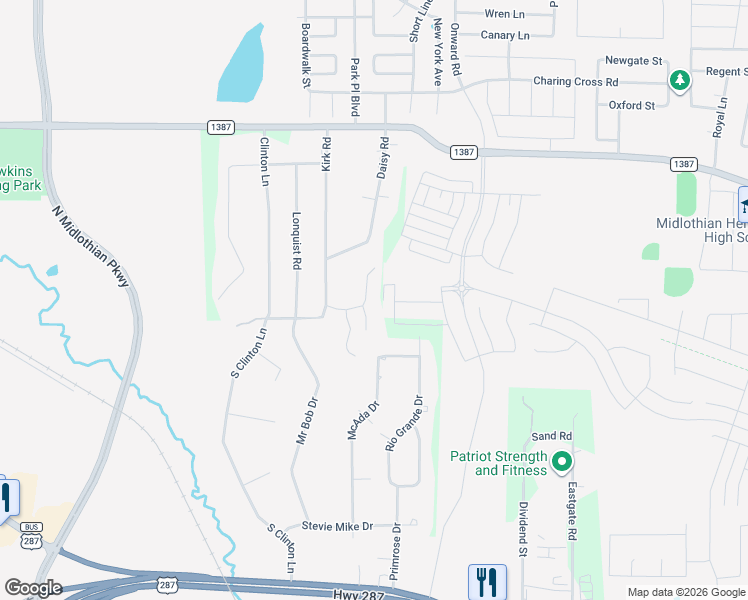 map of restaurants, bars, coffee shops, grocery stores, and more near 2440 Frances Ln in Midlothian