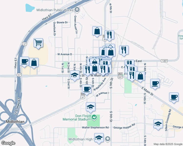 map of restaurants, bars, coffee shops, grocery stores, and more near 417 West Main Street in Midlothian