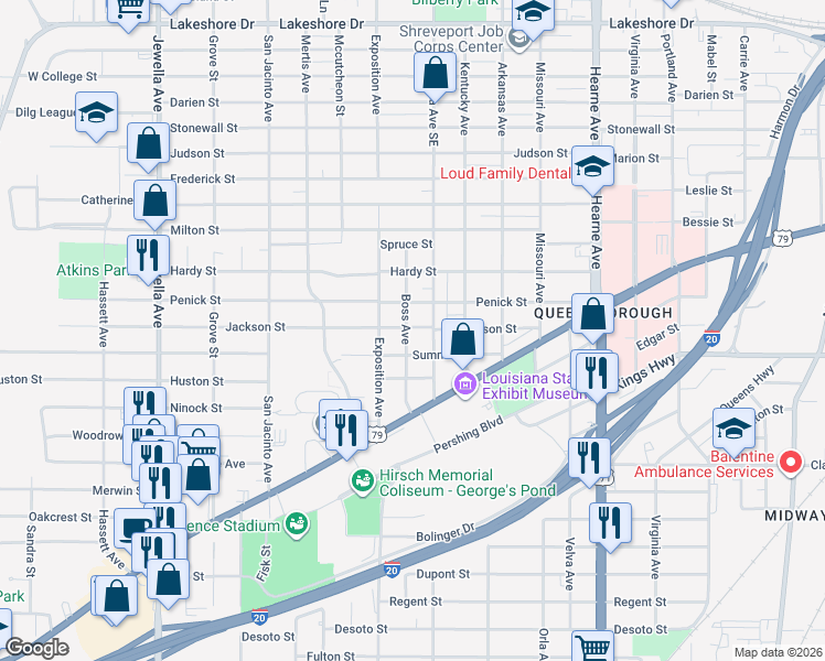 map of restaurants, bars, coffee shops, grocery stores, and more near 3101 Boss Avenue in Shreveport