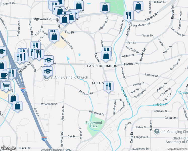 map of restaurants, bars, coffee shops, grocery stores, and more near 2001 Forestwood Lane in Columbus