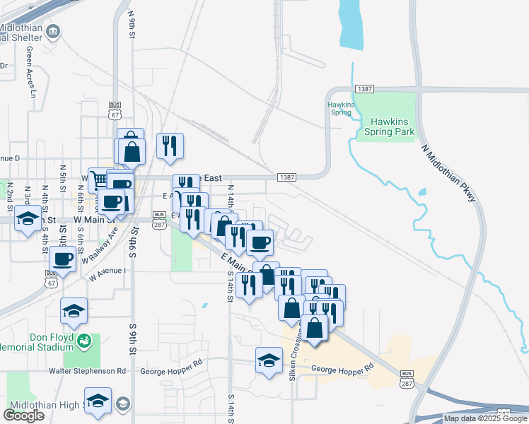 map of restaurants, bars, coffee shops, grocery stores, and more near 142 East Maple Ridge Court in Midlothian