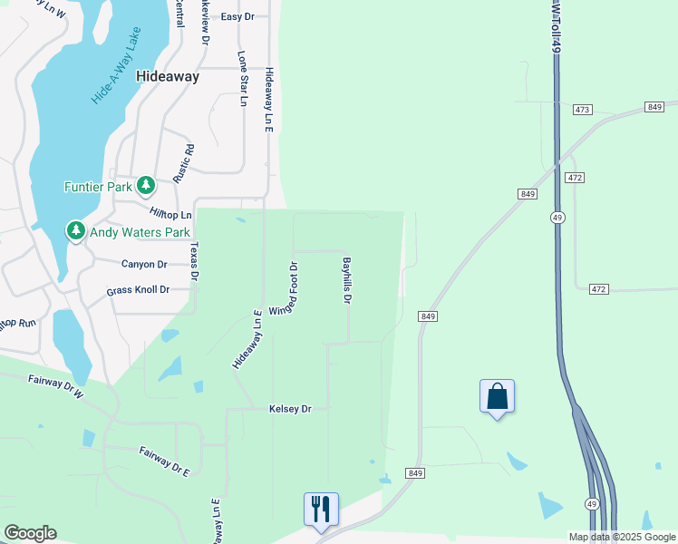 map of restaurants, bars, coffee shops, grocery stores, and more near 218 Bayhills Drive in Hideaway