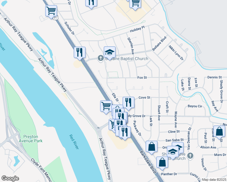 map of restaurants, bars, coffee shops, grocery stores, and more near 1200 Ella Circle in Bossier City