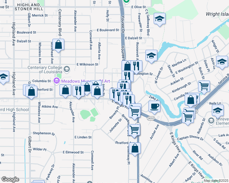 map of restaurants, bars, coffee shops, grocery stores, and more near 3001 Elm Street in Shreveport