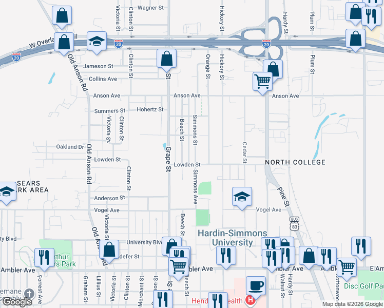 map of restaurants, bars, coffee shops, grocery stores, and more near 2725 Beech Street in Abilene