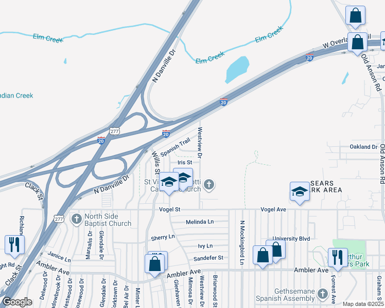 map of restaurants, bars, coffee shops, grocery stores, and more near 3201 Ann Arbor Lane in Abilene