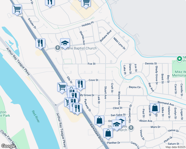 map of restaurants, bars, coffee shops, grocery stores, and more near 1314 Parkway Circle in Bossier City