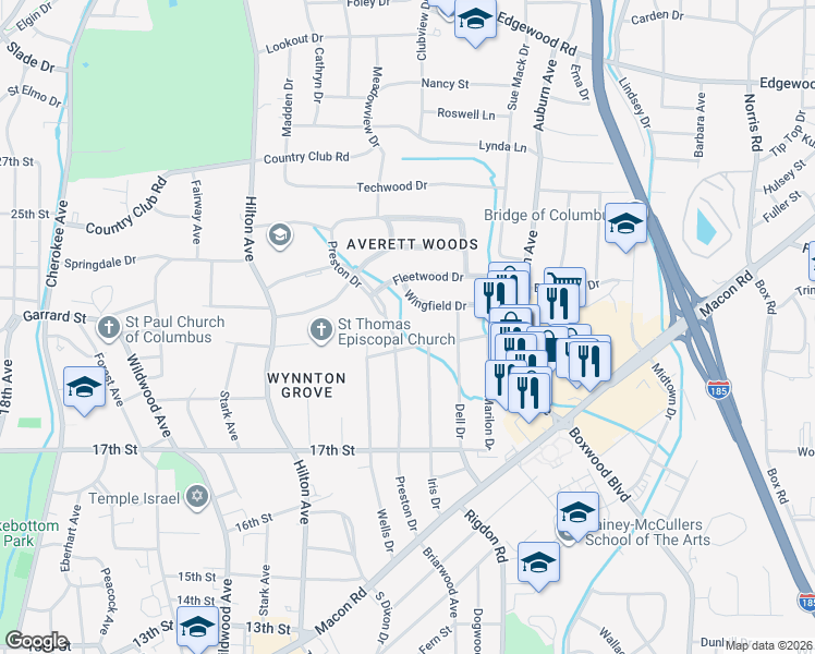 map of restaurants, bars, coffee shops, grocery stores, and more near 2120 Preston Drive in Columbus