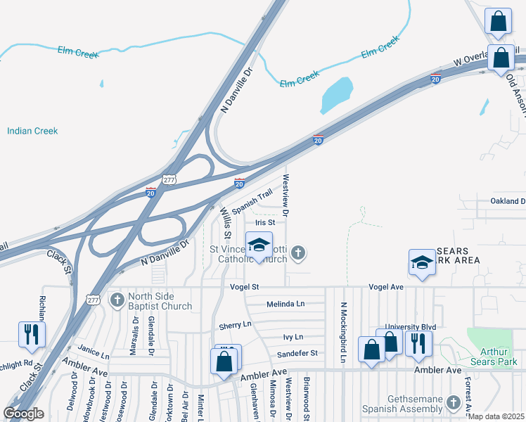 map of restaurants, bars, coffee shops, grocery stores, and more near 3201 Ann Arbor Lane in Abilene