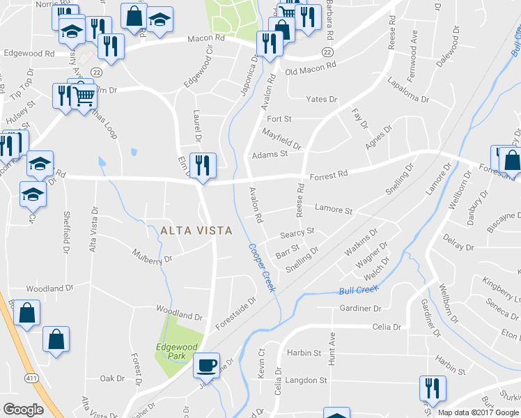 map of restaurants, bars, coffee shops, grocery stores, and more near 2104 Avalon Road in Columbus